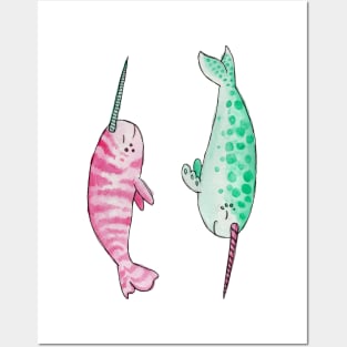 Chill Pastel Pink and Mint Narwhals in Watercolor Posters and Art